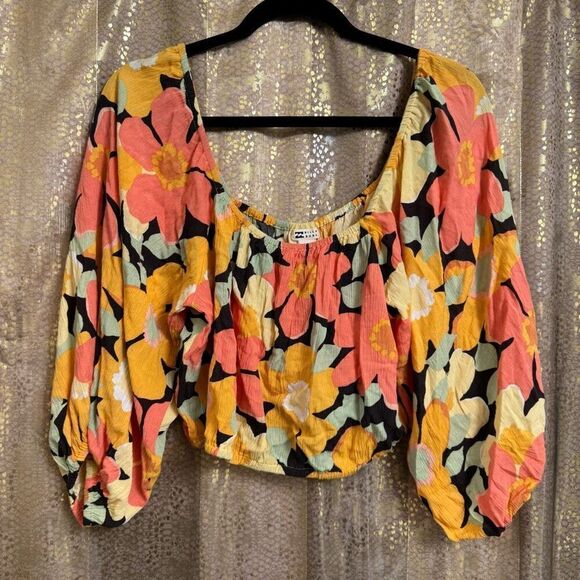 Billabong Yellow Orange Pink Floral Sun City Puff Sleeve  Crop Blouse Large - Picture 1 of 10